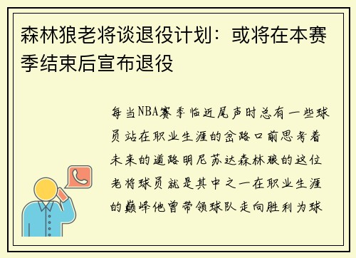 森林狼老将谈退役计划：或将在本赛季结束后宣布退役